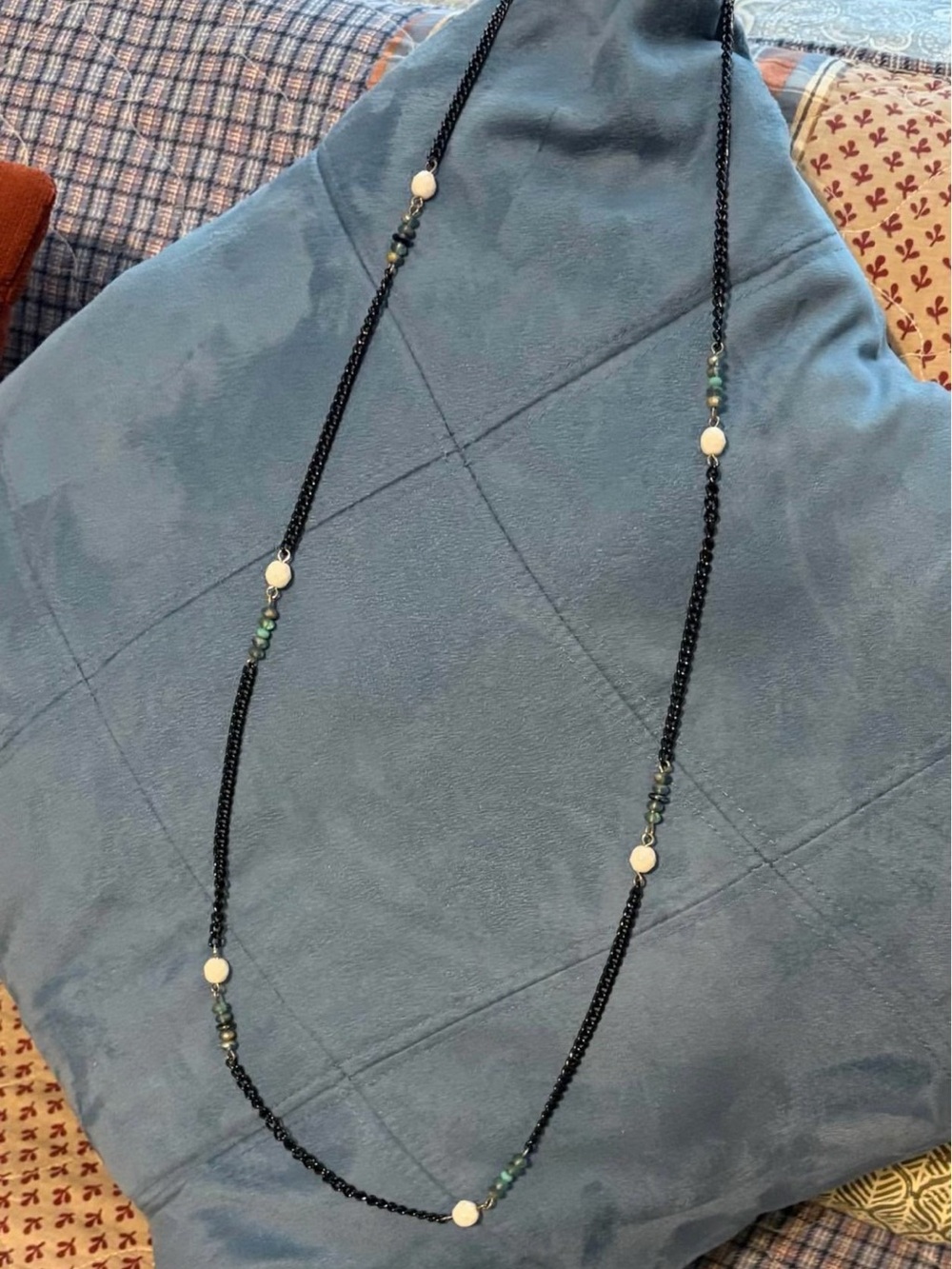 Sabika Black Beaded Long Necklace with White Accent Discs